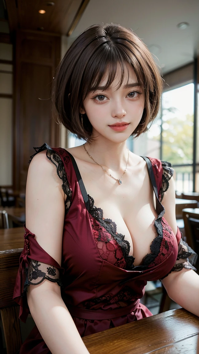 (Masterpiece, BestQuality:1.3), (ultra detailed:1.2), (hyperrealistic:1.3), (RAW photo:1.2),High detail RAW color photo, professional photograph, (Photorealistic:1.4), (realistic:1.4), ,professional lighting, (japanese), beautiful face, (realistic face), cute woman, (Brown Hair, Big Tits:1.5), (cheerful Smile:1.5), Trending Hair&Trending Hairカラーをランダムに, earrings, necklace, bracelet, sexly, erotic sexly, Random sexy gravure poses, (Sexy woman in a red lace blouse、Inside the restaurant、Smiling face、Bobcut、Sitting at the table pose。:1.3)