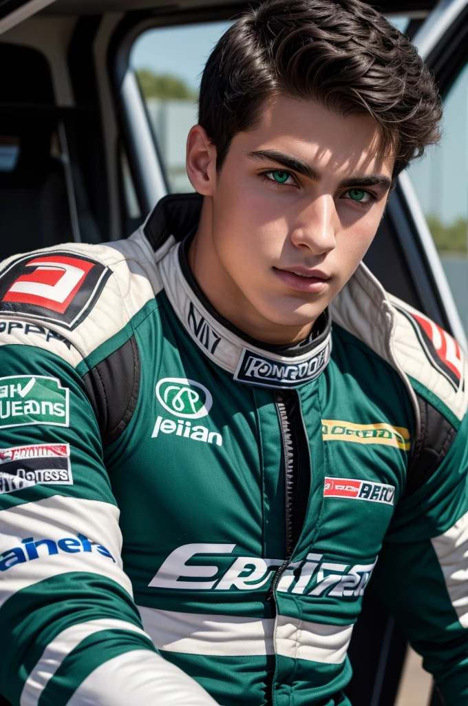 a handsome and sensual 18 year old male, athletic body, black hair, green eyes, wearing a racing driver's outfit.