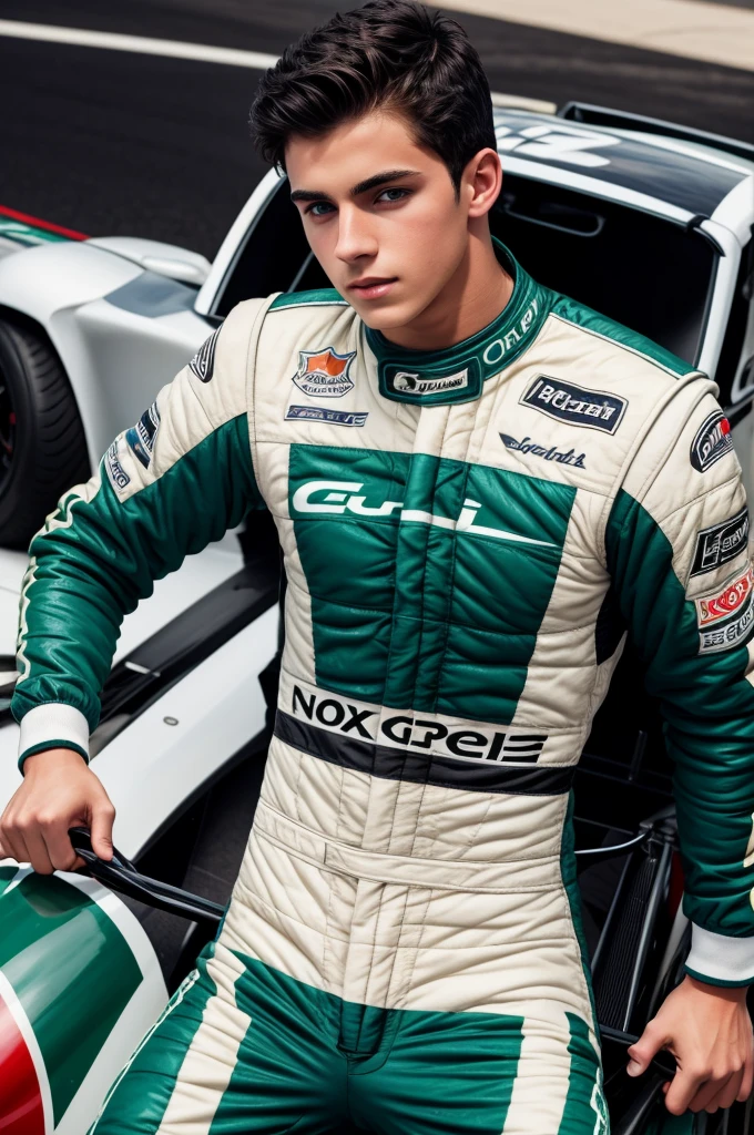 a handsome and sensual 18 year old male, athletic body, black hair, green eyes, wearing a racing driver's outfit.