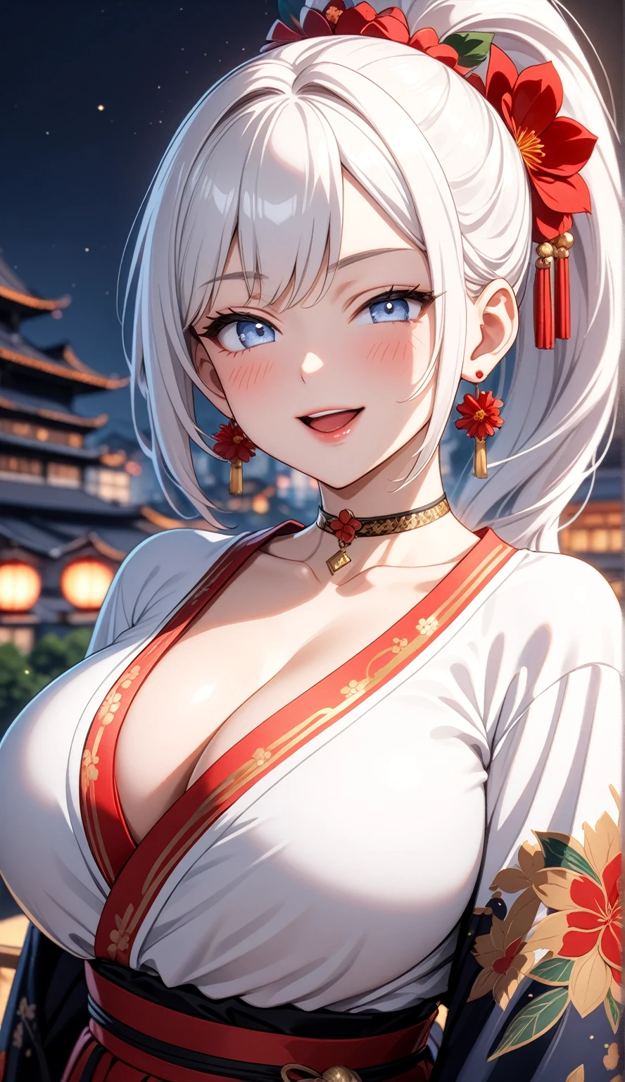 ((One personの女性)), Beautiful Face, (Laughing embarrassedly), (laugh:1.2),((Wink:1.9)), (head tilt:1.3), Laugh with your mouth wide open, upper teeth, looking down at viewer, ((Bright red cheeks:1.4)),Glossy Red Lips,rooftop, firework, Glossy red lips, Shining Face, ((Anime style background)),masterpiece, Highest quality, so beautiful,up to date, Complex details, (Pink long nails),(ring),(bracelet),(Floral choker),AI-generated, Complex,High resolution, Highest quality, super high quality,3D Images、3D Images,One person,Long white hair,High Ponytail, Anime woman posing for a photo,(blue eyes), ((Fine grain、Silvery white, lightly pigmented eyes、Shining Eyes:1.3)), (Squint your eyes:1.1),a hyperRealistic , hyperRealistic , Realistic,Anime woman with long white hair, Smooth anime CG art, A woman in a colorful kimono with gold embroidery, (Black long sleeve kimono),Red floral pattern,Long flower hair ornament,Earrings,Mature Body,(Big Breasts:1.1),Tall,Abdominal muscles,Tight waist,(Zoom up to face:1.2), (front view),