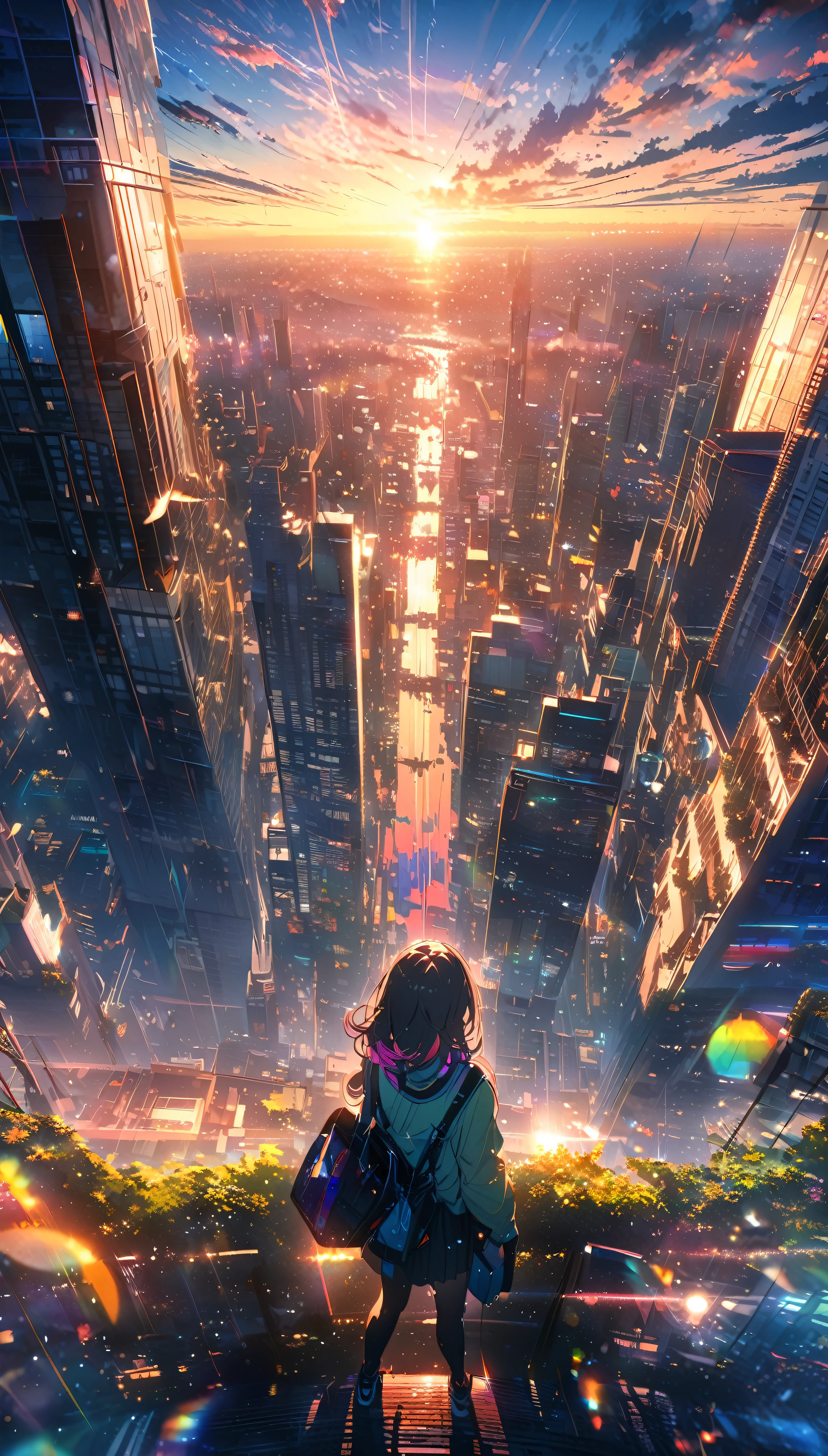 scenery, ultra detailed, super delicate, sunrise, bright, after rain, horizon, in the sky, city, skyscraper , lens flare, colorful, High resolution, 8K