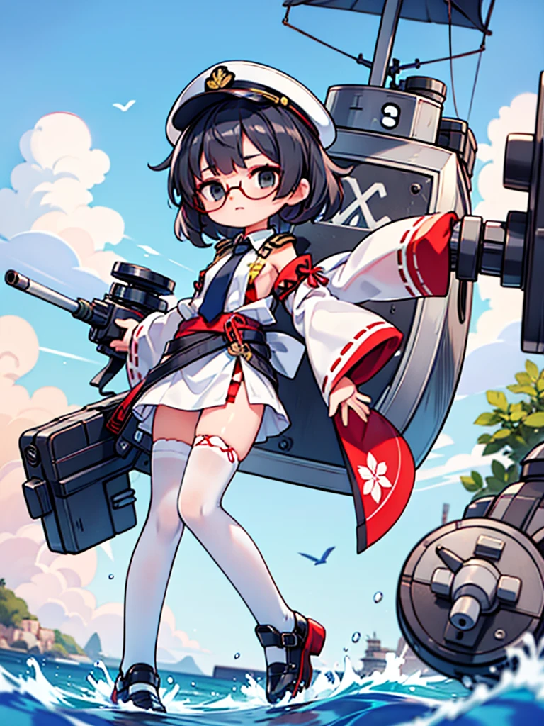 ((((Full body of a woman with perfect flat ?????、solo、Short unkempt black hair、Tie your messy hair at the nape of your neck、white military jacket、Miko costume、tights、Black glasses、White military cap、Cloudy black eyes、Confused eyes、Junyo hair accessories)))), (((masterpiece))), (((Shipgirl))), ((Floating on the morning sea with both feet)), (Spread your ????????? open), (Hold the turret with your right hand), (Mechanical arms extending from the waist are used to equip the ship with battleship equipment.), (Equipped with a turret on the back), (Holds a triple turret on the left arm), Shotgun shells are attached to the thigh with a belt, Spreading the Machine's Wings, Machine tail,  Holding a shotgun, ?????
