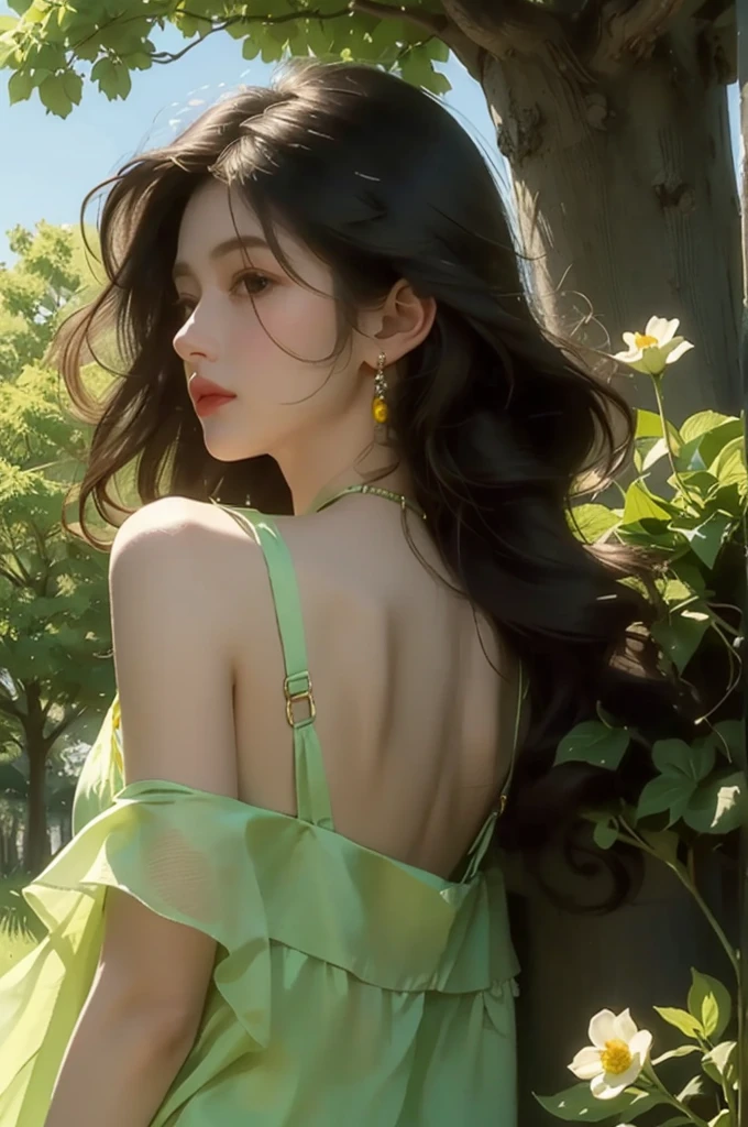 A girl with long black curly hair sits under a big tree,With your back against the trunk,Looking into the distance,In the flowers