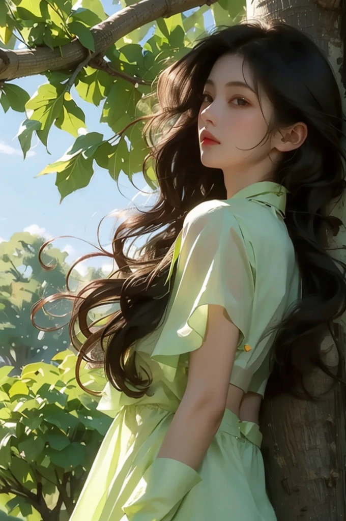 A girl with long black curly hair sits under a big tree,With your back against the trunk,Looking into the distance,In the flowers