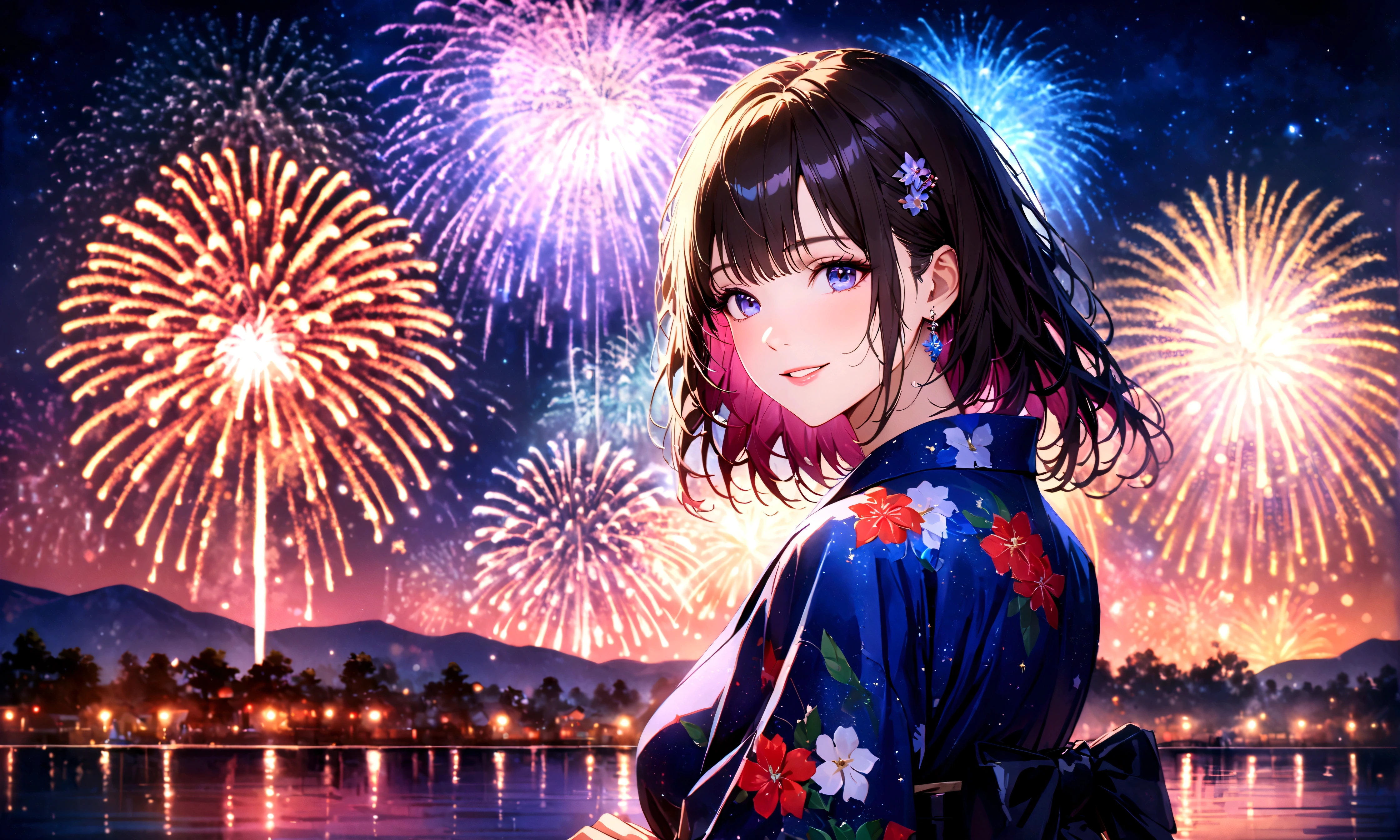 Fireworks display, Starry Night, River side, Blur the background,Pleasant sea breeze,high school girl,yukata,smile,Glitter effect,Highest quality, 4K, 8K, High resolution, masterpiece:1.2, Very detailed, Realistic:1.37, High resolution, 超High resolution, Ultra-fine painting, Very detailed, Professional, Vibrant colors