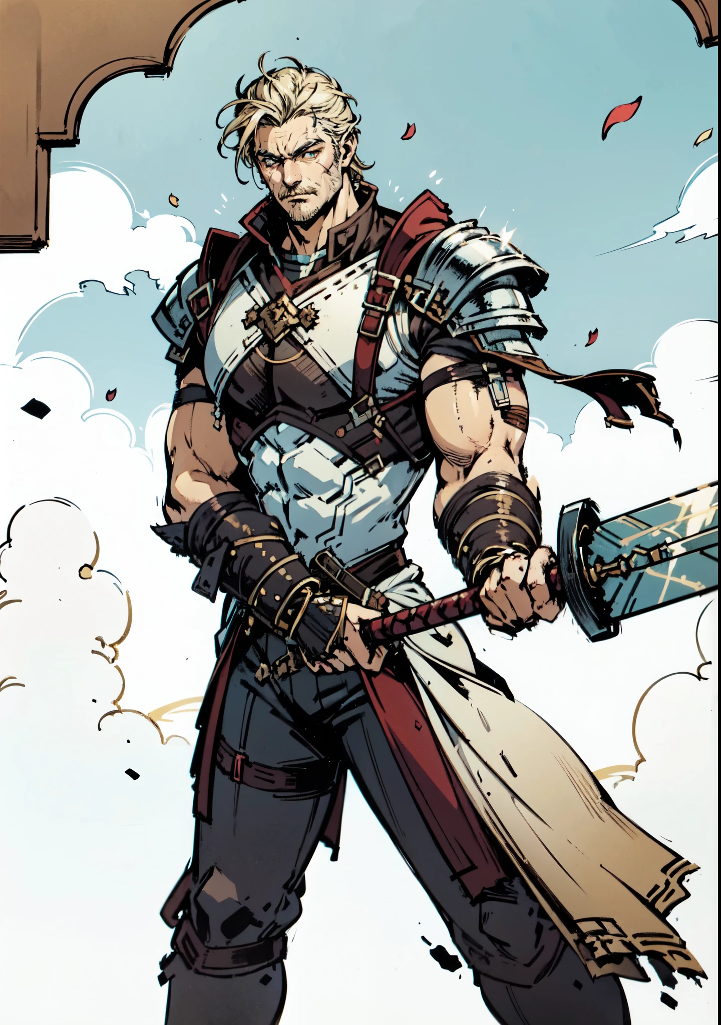 (masterpiece:1.2, best quality, extremely delicate, perspective, foreshortening, dynamic angle), a middle-aged man with slicked-back golden hair, a dignified face, deep eyes, a mustache on his upper lip, a focused expression, tall and muscular, covered in scars, fantasy-reality style warrior leather armor, ribbons tied around his arms, black iron bracers, dark cargo pants, holds a long-handled greatsword with both hands, standing guard in front of a fortress gate, this character embodies a finely crafted fantasy-realist style warrior in anime style, exquisite and mature manga art style, dramatic, high definition, highres, ultra-detailed, ultra-fine painting, professional, perfect body proportions, golden ratio, anatomically correct, symmetrical face, extremely detailed eyes and face, high quality eyes, creativity, RAW photo, UHD, 32k, Natural light, cinematic lighting, masterpiece-anatomy-perfect
