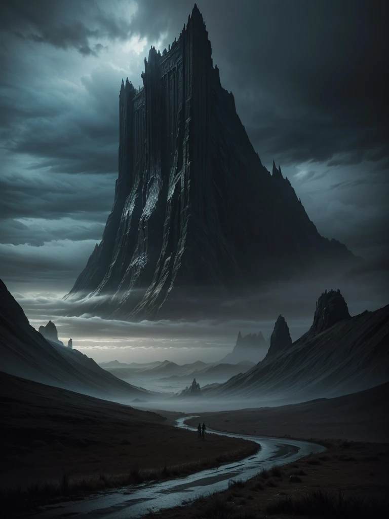 there are many people walking in a deserted area under a cloudy sky, grimdark dark fantasy painting, a sinister fantasy illustration, dark fantasy painting, matte digital painting, surreal matte painting, apocalypse landscape, dramatic matte painting, valley of the damned background, symmetrical matte painting, Symmetrical epic fantasy art, surreal black art, dark painting, dull painting