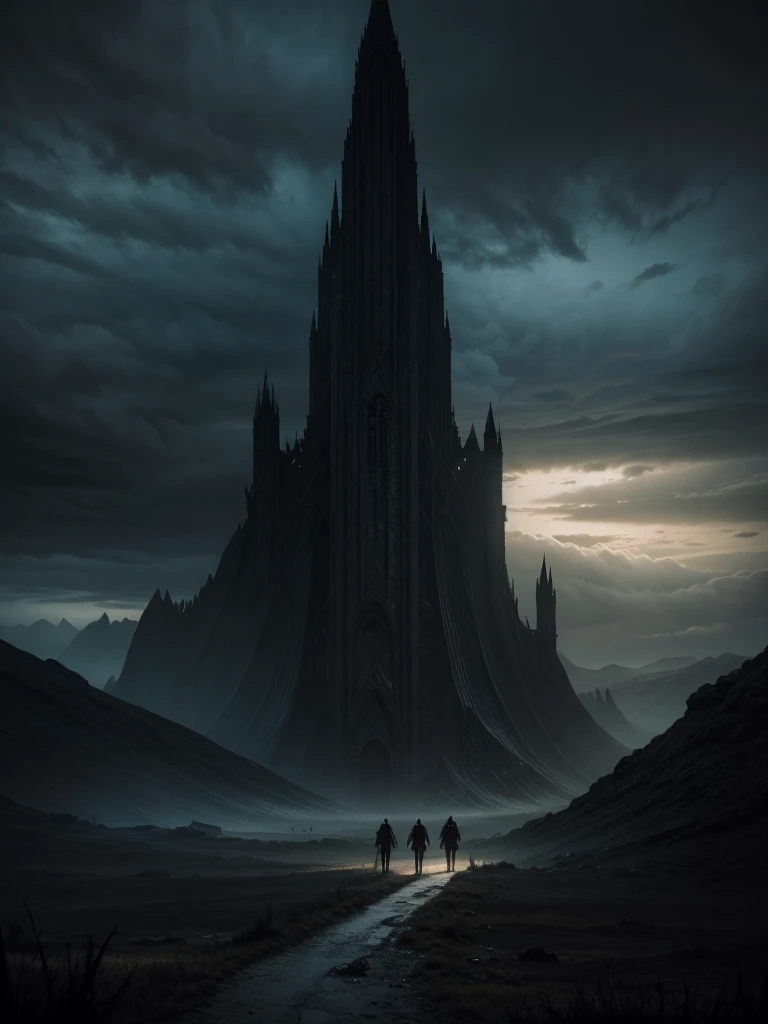 there are many people walking in a deserted area under a cloudy sky, grimdark dark fantasy painting, a sinister fantasy illustration, dark fantasy painting, matte digital painting, surreal matte painting, apocalypse landscape, dramatic matte painting, valley of the damned background, symmetrical matte painting, Symmetrical epic fantasy art, surreal black art, dark painting, dull painting