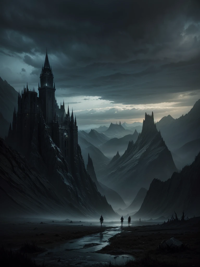 there are many people walking in a deserted area under a cloudy sky, grimdark dark fantasy painting, a sinister fantasy illustration, dark fantasy painting, matte digital painting, surreal matte painting, apocalypse landscape, dramatic matte painting, valley of the damned background, symmetrical matte painting, Symmetrical epic fantasy art, surreal black art, dark painting, dull painting