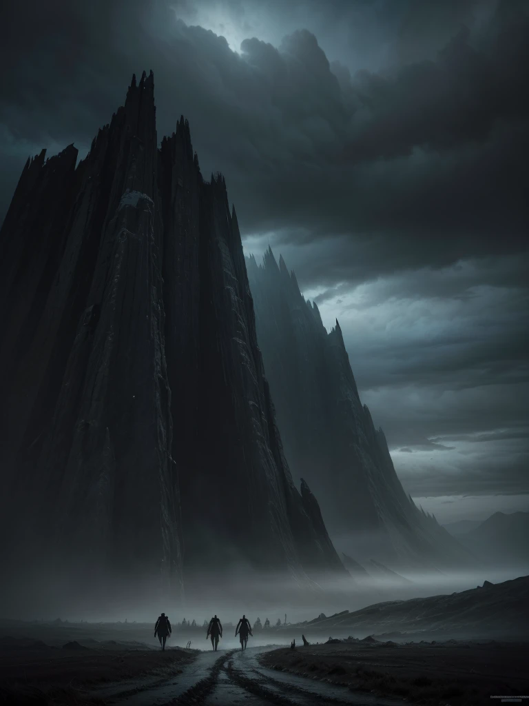 there are many people walking in a deserted area under a cloudy sky, grimdark dark fantasy painting, a sinister fantasy illustration, dark fantasy painting, matte digital painting, surreal matte painting, apocalypse landscape, dramatic matte painting, valley of the damned background, symmetrical matte painting, Symmetrical epic fantasy art, surreal black art, dark painting, dull painting