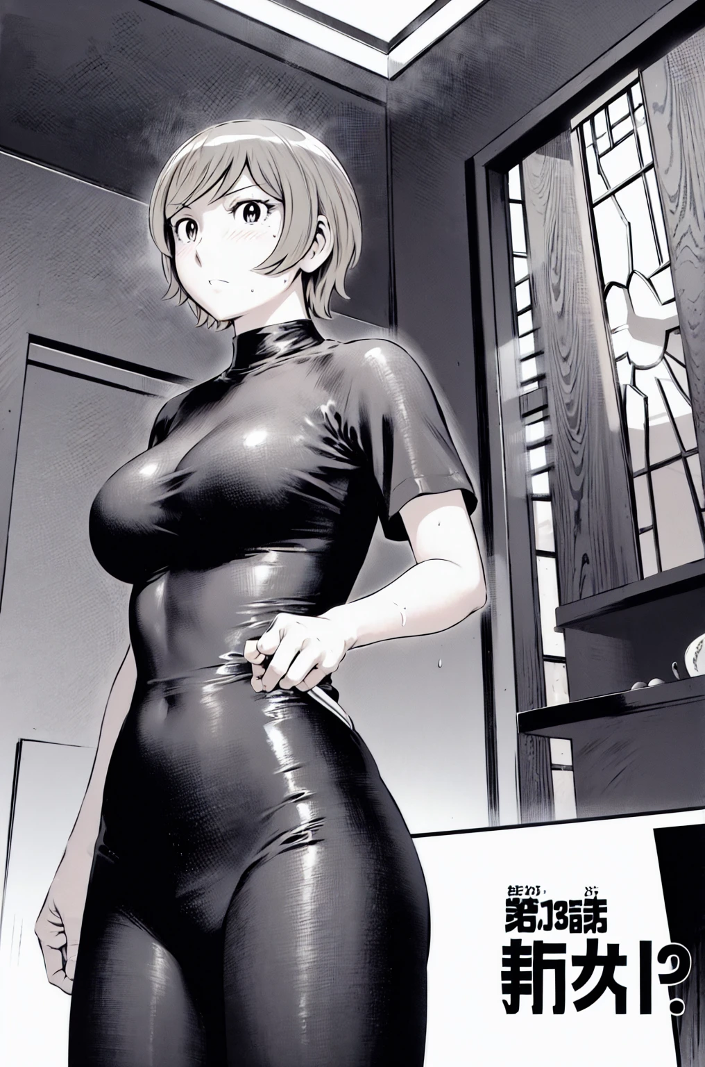 、(masterpiece、Highest quality)、Highest quality, Ultra-high resolution, (((masterpiece))), alone, Sweat、Big eyes,office、Tight white dress shirt、Tight black suit、Tight black pants、indoor、Composition from the front、(Cut the back hair short、short hair、blonde、woman)、Shortcuts、Embarrassed face、Cut your hair short、可愛いwomanの子、Big Breasts