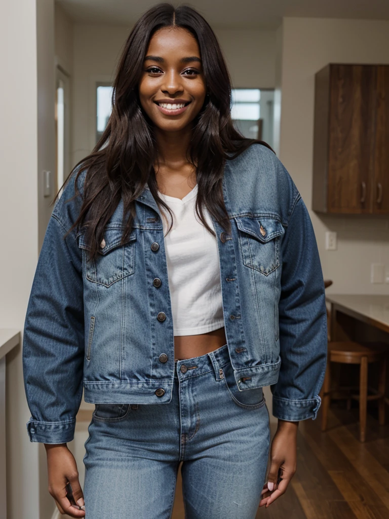 brown skin woman with long dark brown hair wearing a denim blue jeans jacket, happy smile, home, black skin, model pose.