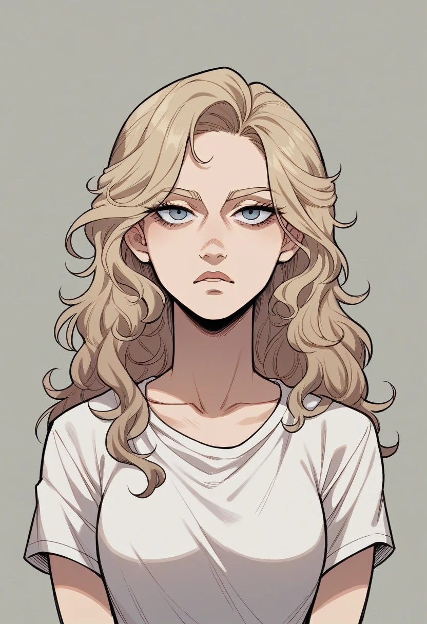 a close-up of a woman with long hair and a white t-shirt, brunette with dyed blonde hair, dirty blonde hair, beige fur, ash blonde hair, dark blonde hair, ash blonde hair, messy blonde hair, olivia de bernardini, gray blonde gray hair, A girl with blonde hair, Amazing beauty, sexy face