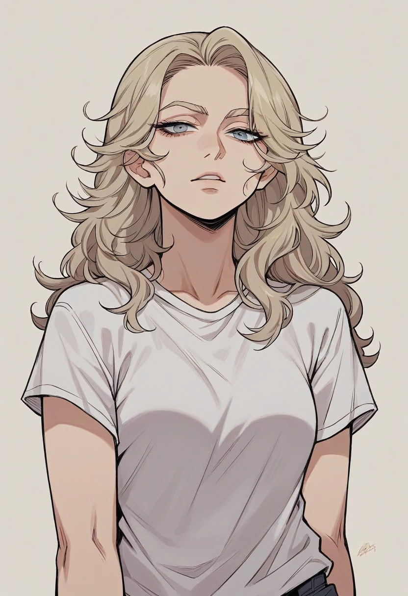 a close-up of a woman with long hair and a white t-shirt, brunette with dyed blonde hair, dirty blonde hair, beige fur, ash blonde hair, dark blonde hair, ash blonde hair, messy blonde hair, olivia de bernardini, gray blonde gray hair, A girl with blonde hair, Amazing beauty, sexy face