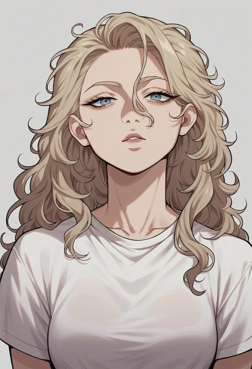 a close-up of a woman with long hair and a white t-shirt, brunette with dyed blonde hair, dirty blonde hair, beige fur, ash blonde hair, dark blonde hair, ash blonde hair, messy blonde hair, olivia de bernardini, gray blonde gray hair, A girl with blonde hair, Amazing beauty, sexy face
