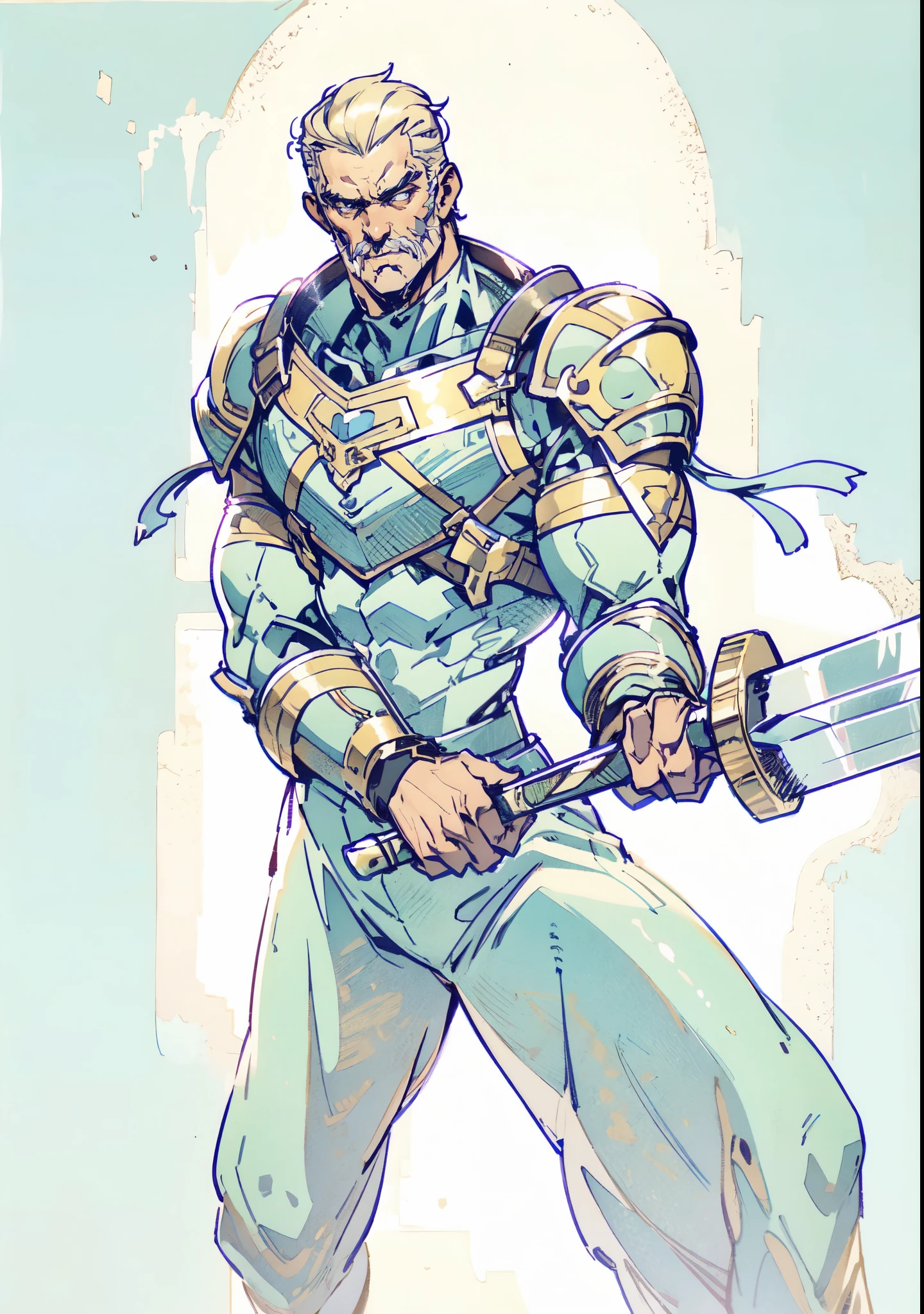 (masterpiece:1.2, best quality, extremely delicate, perspective, foreshortening, dynamic angle), a middle-aged man with slicked-back golden hair, a dignified face, deep eyes, a mustache on his upper lip, a focused expression, tall and muscular, covered in scars, fantasy-reality style warrior leather armor, ribbons tied around his arms, black iron bracers, dark cargo pants, holds a long-handled greatsword with both hands, standing guard in front of a fortress gate, this character embodies a finely crafted fantasy-realist style warrior in anime style, exquisite and mature manga art style, dramatic, high definition, highres, ultra-detailed, ultra-fine painting, professional, perfect body proportions, golden ratio, anatomically correct, symmetrical face, extremely detailed eyes and face, high quality eyes, creativity, RAW photo, UHD, 32k, Natural light, cinematic lighting, masterpiece-anatomy-perfect