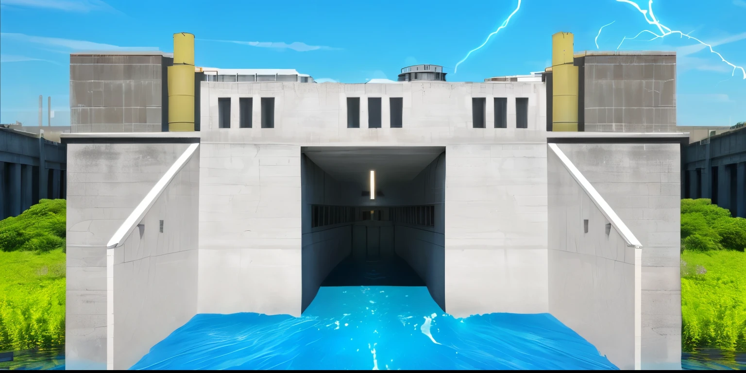 There is a picture of a canal inside a building, Water Temple, The reservoir, Close-up of the Magic Watergate, port scene background, factory background, nuclear reactor, background fortress, Detailed scenery —width 672, random background scene, sewer background, Sewer pipe entrance, nuclear power plant, Palace on the water, background(hard), fortress gateway, Water and electricity,Realism,Become a real scene,Real Effects