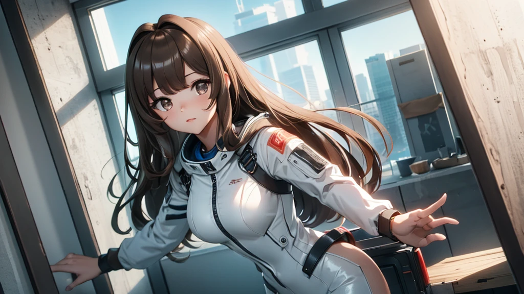 ((Highest quality)), (masterpiece)), (detailed: 1.4), 3d, An absurd solution, High resolution, (masterpiece: 1.4), 超detailed, Beautiful girl 1 person, future的な女性のイメージ, Shiny brown hair, Beautiful brown eyes, Beautiful Face, 20-year-old, Spaceship, floating, small, Spacesuit, Spaceship, window, future, Dynamic pose, Change of clothes