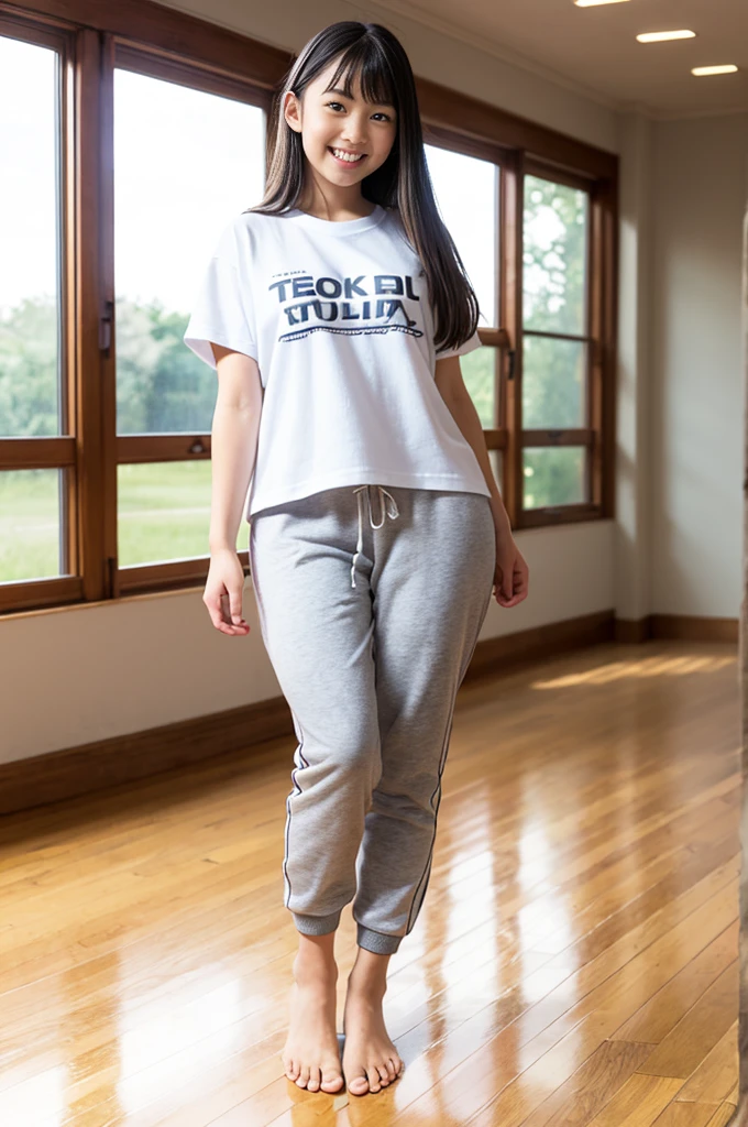 A girl, 18yo, cute smile girl, ((thin body,oversized T-shirt)), (gray tracksuit bottoms), (((thick thighs))), medium, in wooden floor school gym, half open mouth, (standing, view from front), full body shot, (barefoot)