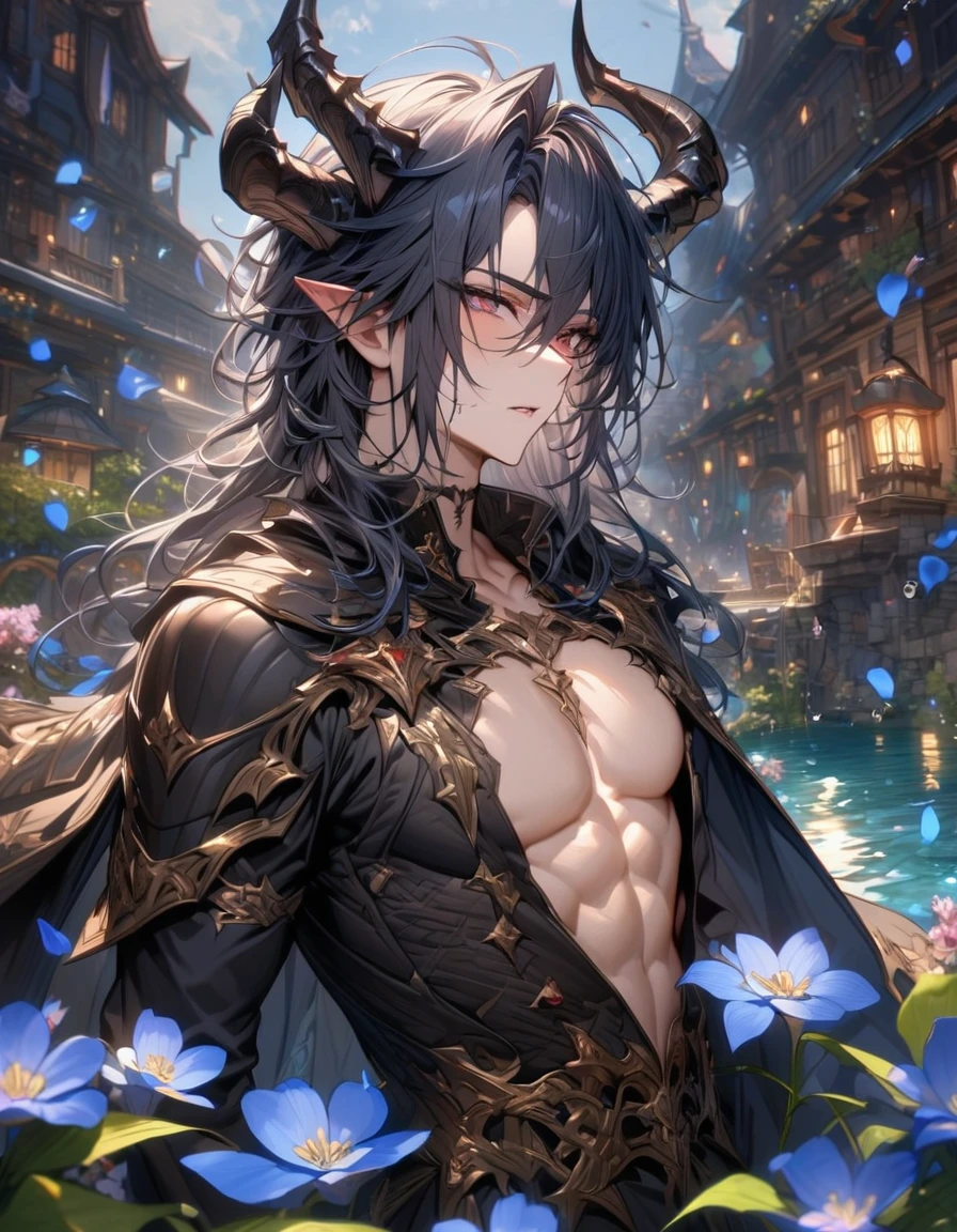 Ultra detailed, highres, absurdres, HDR, master piece, Krozseria, messy black hair, expressive red eyes, Demon Fantasy, blue petals, blue flowers, water, black cape, sexy man, solo, best quality, blossoms, blue shining fireflies, toned chest, black horns, the word "Krozseria" is written on his shirt, fantasy, black horns, black gloves