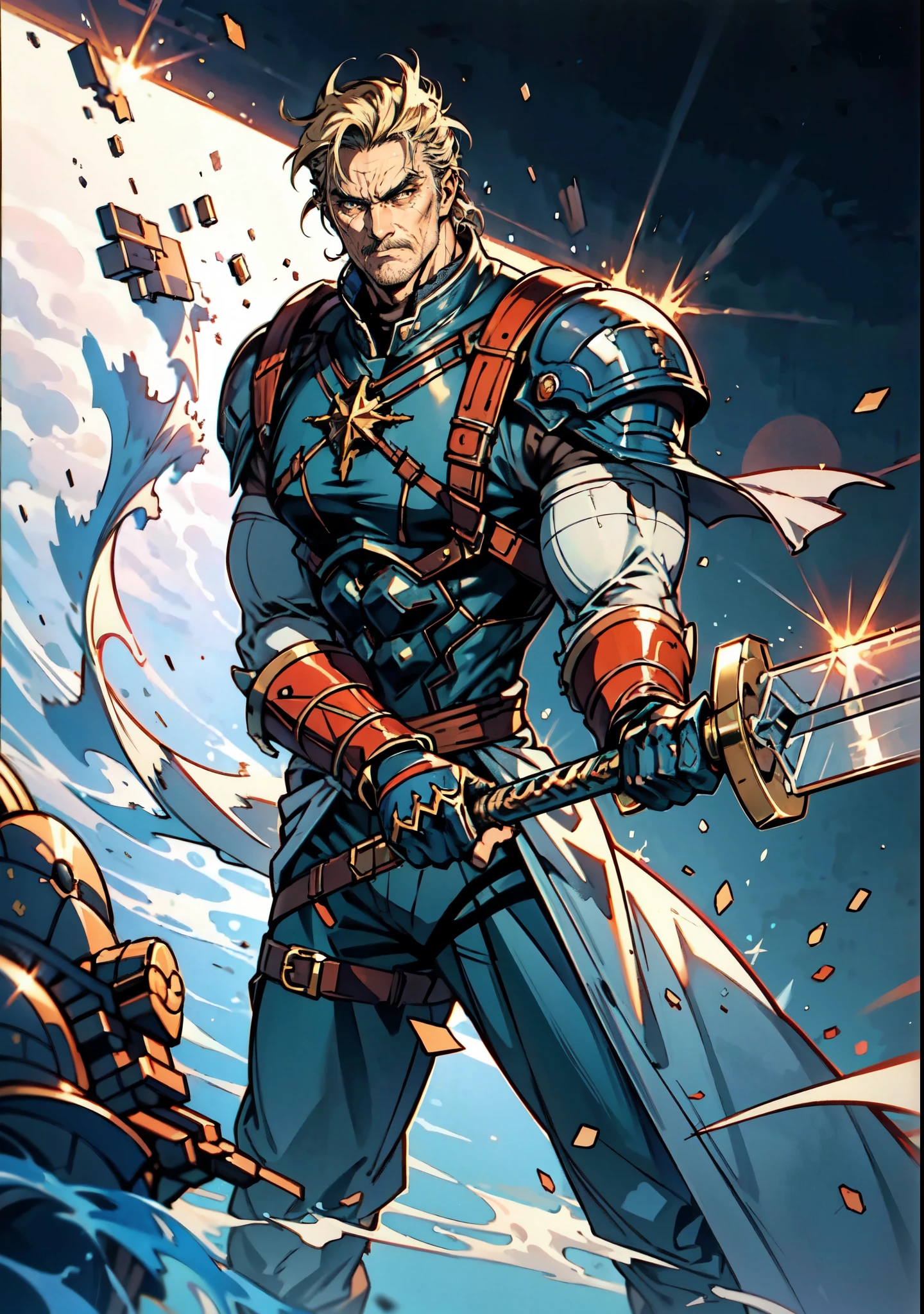 (masterpiece:1.2, best quality, extremely delicate, perspective, foreshortening, dynamic angle), a middle-aged man with slicked-back golden hair, a dignified face, deep eyes, a mustache on his upper lip, a focused expression, tall and muscular, covered in scars, fantasy-reality style warrior leather armor, ribbons tied around his arms, black iron bracers, dark cargo pants, holds a long-handled greatsword with both hands, standing guard in front of a fortress gate, this character embodies a finely crafted fantasy-realist style warrior in anime style, exquisite and mature manga art style, dramatic, high definition, highres, ultra-detailed, ultra-fine painting, professional, perfect body proportions, golden ratio, anatomically correct, symmetrical face, extremely detailed eyes and face, high quality eyes, creativity, RAW photo, UHD, 32k, Natural light, cinematic lighting, masterpiece-anatomy-perfect