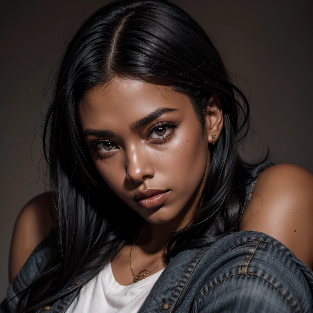 Black hair, dark skin, side locks, lip piercing