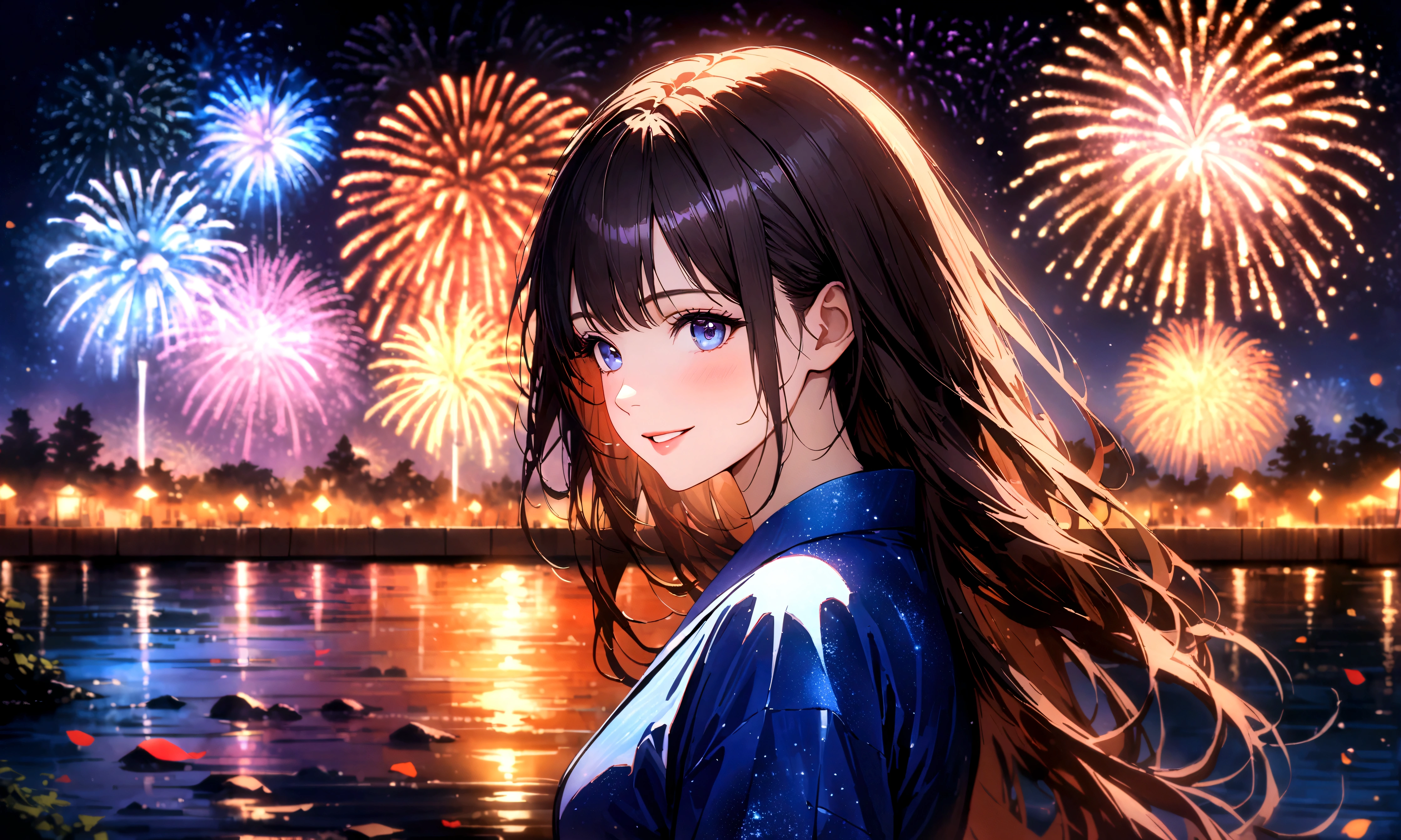 Fireworks display, Starry Night, River side, Blur the background,Pleasant sea breeze,high school girl,yukata,smile,Glitter effect,Highest quality, 4K, 8K, High resolution, masterpiece:1.2, Very detailed, Realistic:1.37, High resolution, 超High resolution, Ultra-fine painting, Very detailed, Professional, Vibrant colors