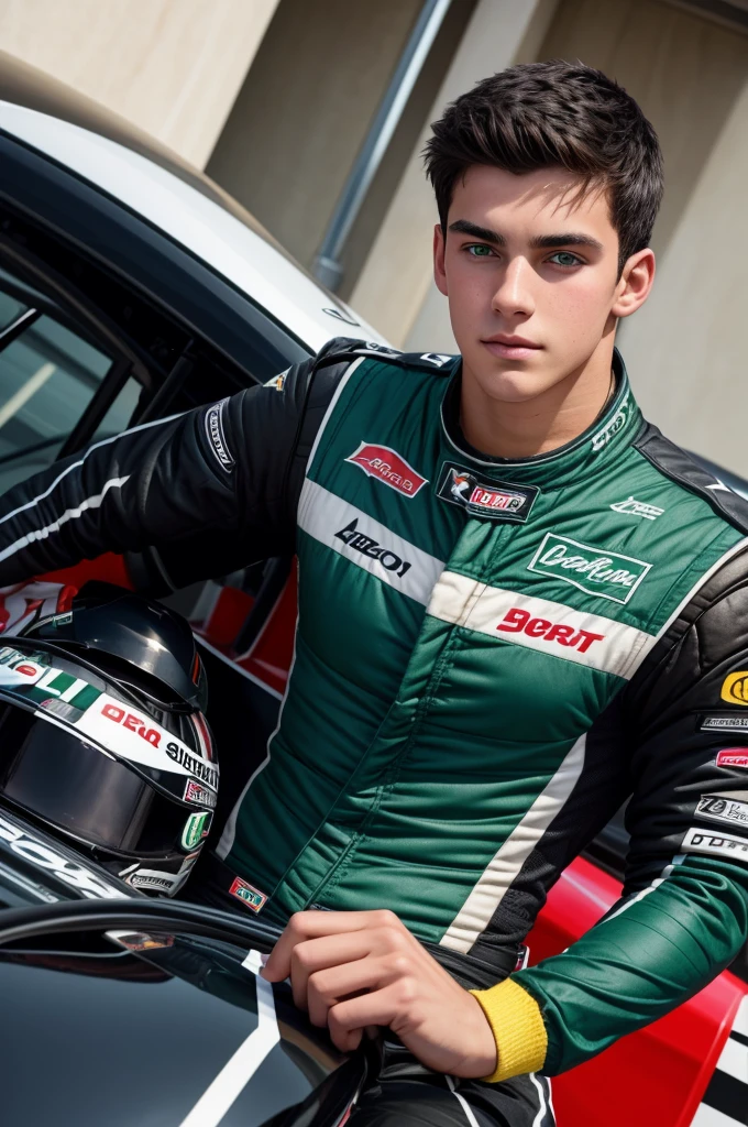 a handsome and sensual 18-year-old male, athletic body, black hair, green eyes, wearing a racing driver's outfit, showing his chest.