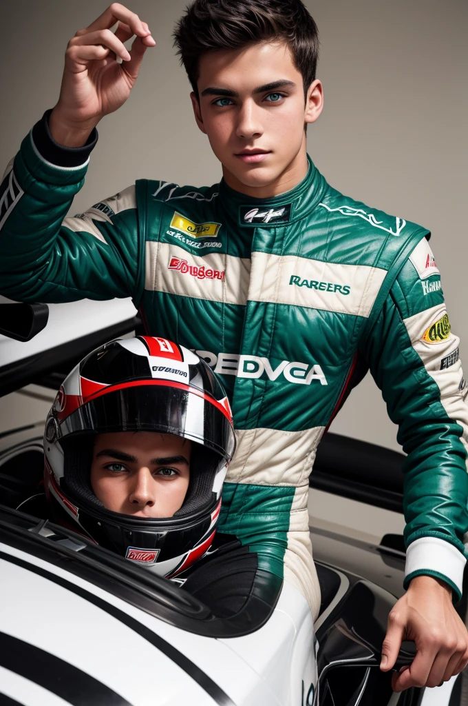 a handsome and sensual 18-year-old male, athletic body, black hair, green eyes, wearing a racing driver's outfit, showing his chest.