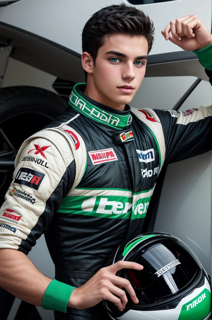 a handsome and sensual 18-year-old male, athletic body, black hair, green eyes, wearing a racing driver's outfit, showing his chest.