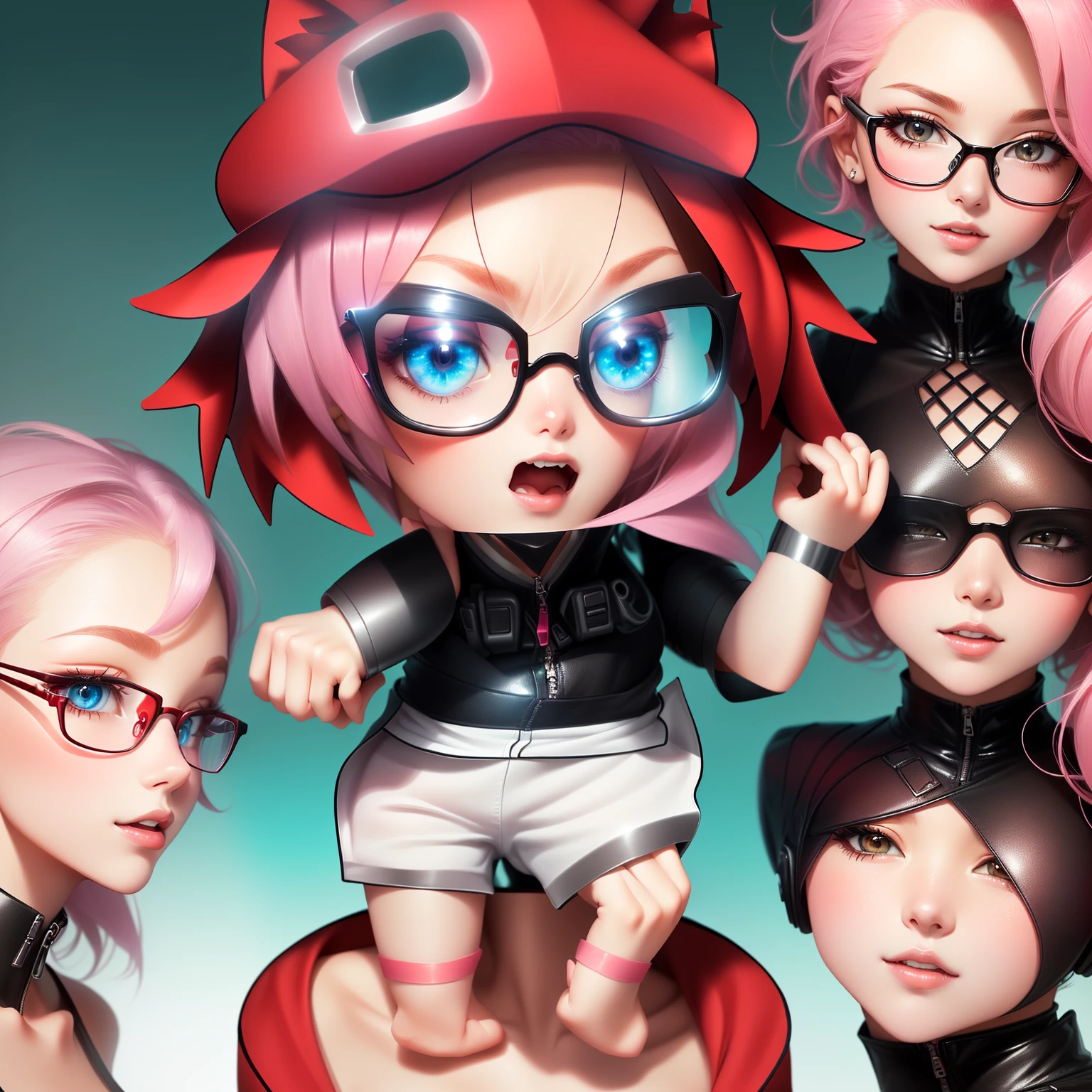 Cartoon image of a girl with pink hair and glasses, Anime cute art style, 2D anime style, Style like clay figurines, Lovely!! Red Cliff!!! Catwoman,