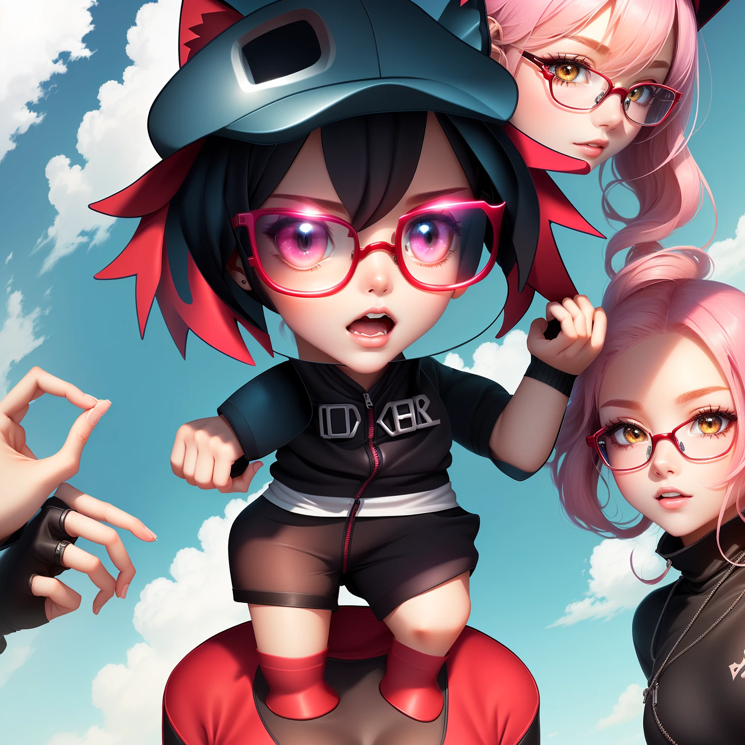 Cartoon image of a girl with pink hair and glasses, Anime cute art style, 2D anime style, Style like clay figurines, Lovely!! Red Cliff!!! Catwoman,