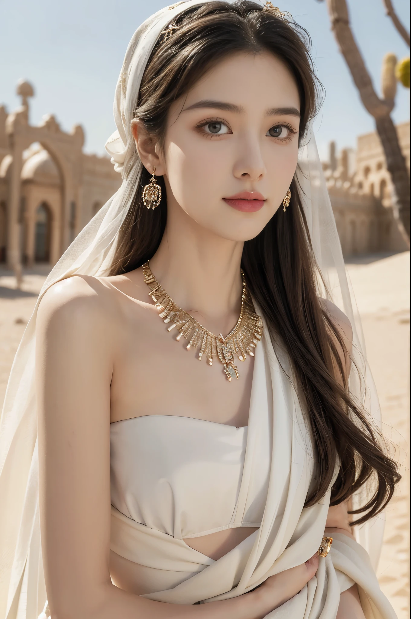 (((best quality))),(((ultra detailed))),(((masterpiece))),illustration,1girl, solo,princess, Arabic,slim,thin,flat chest,small breasts, ((palace, desert)), gold, gemstones,headscarf, veil on face,strapless white sheer traditional bra, hairband, deep eyes, elegant face, subtle smile,earrings,necklace, sunlight, shining, serene, environment,day scene,outdoor,((close-up of face,from front))
