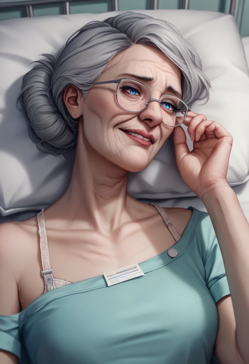 Illustration, detailed illustration, ultra-detailed, 68 year old woman, buzzed gray hair, blue eyes, glasses, wrinkles, laying in hospital bed, dying, sick, sad, false smile, hospital gown