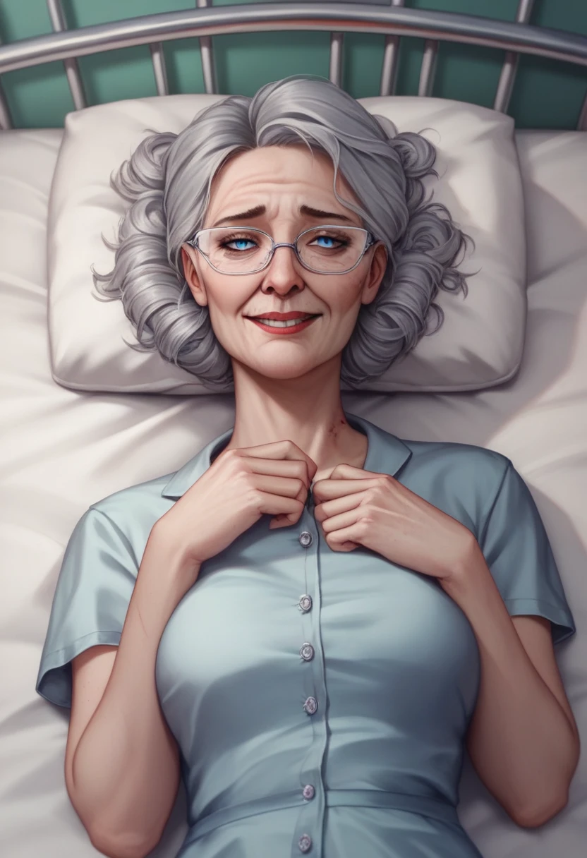 Illustration, detailed illustration, ultra-detailed, 68 year old woman, buzzed gray hair, blue eyes, glasses, wrinkles, laying in hospital bed, dying, sick, sad, false smile, hospital gown