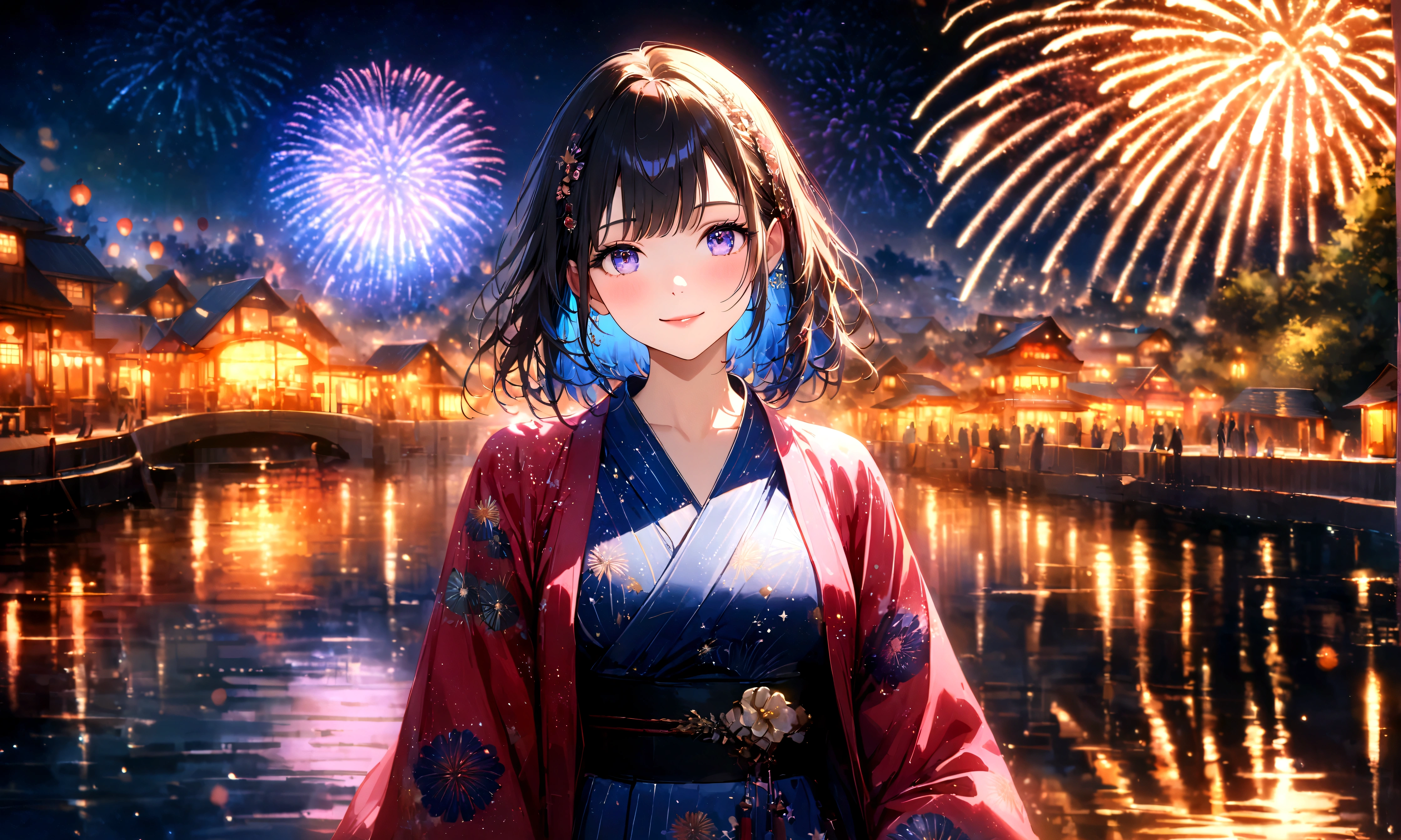 Fireworks display, Starry Night, River side, Blur the background,Pleasant sea breeze,high school girl,yukata,smile,Glitter effect,Highest quality, 8K, High resolution, masterpiece:1.2, Very detailed, Realistic:1.37, High resolution, 超High resolution, Ultra-fine painting, Very detailed, Professional, Vibrant colors