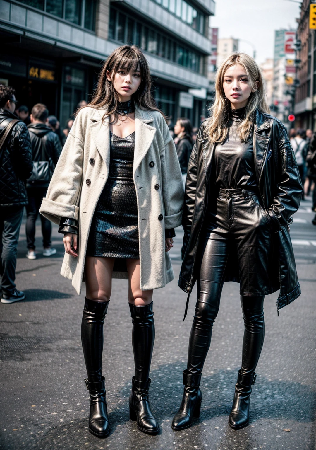 Produce an image capturing the essence of chic urban street style in a bustling metropolis. Generate a 4K scene with fashion-forward individuals donning stylish, everyday outfits. Pay attention to the details of accessories, textures, and diverse styles. Infuse the atmosphere with a dynamic and candid energy, showcasing the intersection of individuality and urban fashion flair