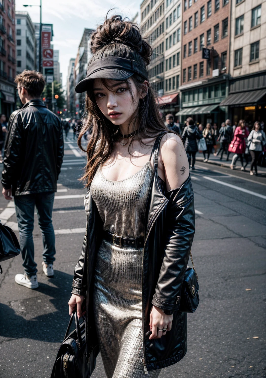 Produce an image capturing the essence of chic urban street style in a bustling metropolis. Generate a 4K scene with fashion-forward individuals donning stylish, everyday outfits. Pay attention to the details of accessories, textures, and diverse styles. Infuse the atmosphere with a dynamic and candid energy, showcasing the intersection of individuality and urban fashion flair