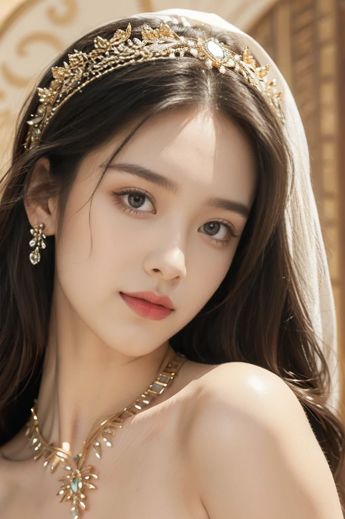 (((best quality))),(((ultra detailed))),(((masterpiece))),illustration,1girl, solo,princess, Arabic,slim,thin,flat chest,small breasts, ((palace, desert)), gold, gemstones,headscarf, veil on face,strapless white sheer traditional bra, hairband, deep eyes, elegant face, subtle smile,earrings,necklace, sunlight, shining, serene, environment,day scene,outdoor,((close-up of face,from front))