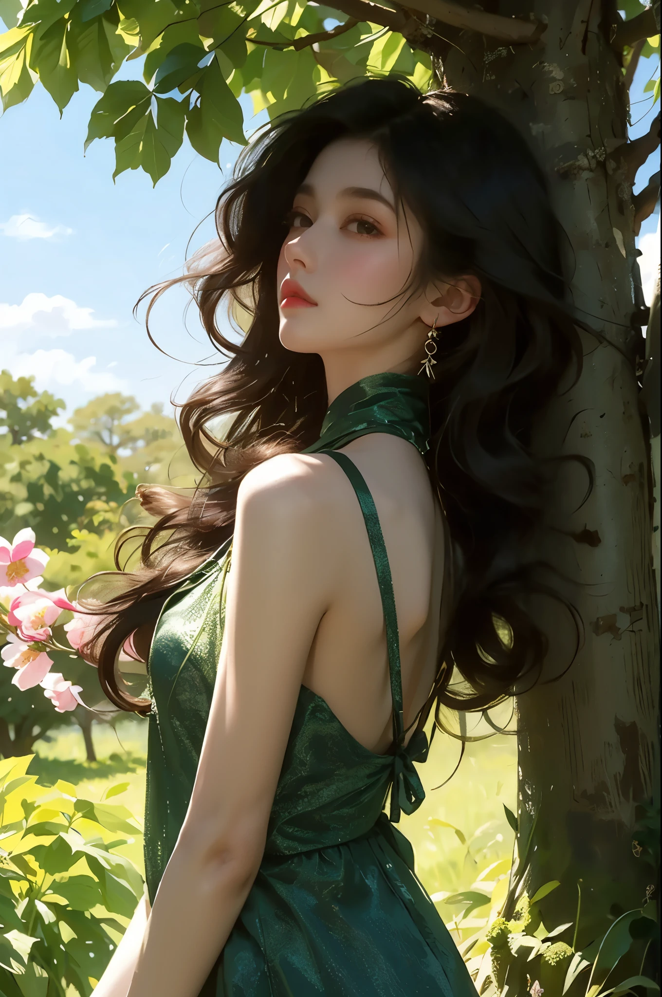 A girl with long black curly hair sits under a big tree，With your back against the trunk，Looking into the distance，In the flowers