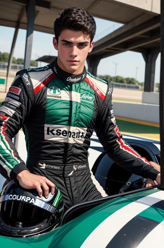 a handsome and sensual 18-year-old male, athletic body, black hair, green eyes, wearing a racing driver's outfit, showing his chest.