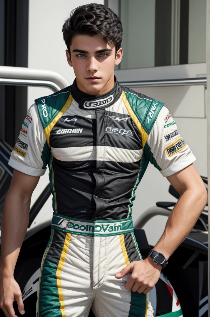 a handsome and sensual 18-year-old male, athletic body, black hair, green eyes, wearing a racing driver's outfit, showing his chest.