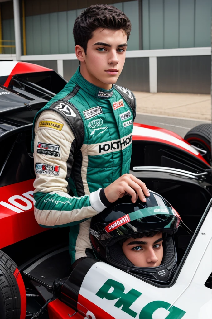 a handsome and sensual 18-year-old male, athletic body, black hair, green eyes, wearing a racing driver's outfit, showing his chest.