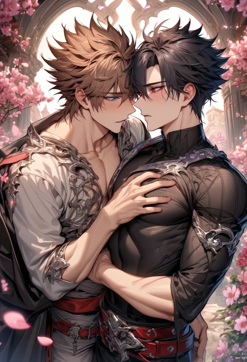 absurdres, highres, ultra detailed, HDR, master piece, best quality, Kaerius, black hair, spiked hair, hair between the eyes, expressive red eyes, Dream and Legacy, Nair, brown hair, messy hair, expressive blue eyes, two sexy men together, gay couple, yaoi, handsome, black coat, black tight T-shirt, belt around his chest, silver accessories, fantasy, pink flowers, blossoms, magical, pink petals