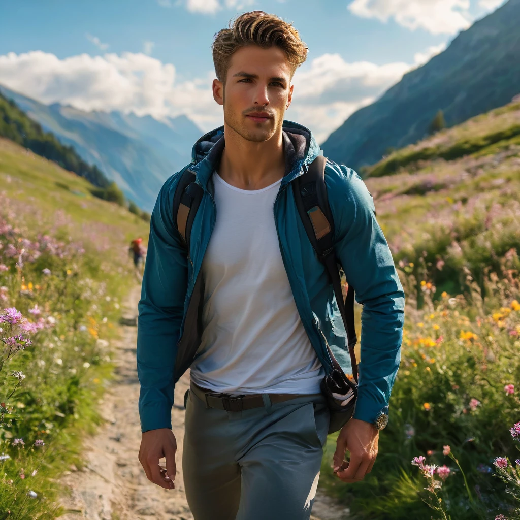 Behold a fashion editorial photo shoot featuring a photogenic and charming bleached blonde hair, 23 years old male supermodel, skinny and slender body, pretty cute young face, wearing fit legging pants and hiking backpack, (semi hard bulge), at hiking trail, outdoors, full of wild flower, the Switzerland mountain background, stand bending over the camera perspective, interesting dynamic view from below, amazing composition, HDR, volumetric lighting, ultra quality, elegant, highly detailed, masterpiece, best quality, high resolution, portrait, male focus, solo focus, The photograph is taken with a Canon EOS R camera using an 85mm f/1.8 lens at an f/2.2 aperture, utilizing natural light. Employing three-point lighting and incorporating 3D animation shadows enhances his features and adds depth to the composition. The careful layering and arrangement of his body parts and surrounding objects ensure a flawless composition. This masterpiece celebrates the beauty of the male form and invites viewers to immerse themselves in a world of sophistication and charm. The seductive lighting and intricate details, combined with a dramatic composition, invite viewers to revel in the essence of a fun-filled day, brimming with joy and relaxation. Attention is meticulously paid to the layers and arrangement of his body parts and surrounding objects, ensuring correct body structure and photo distance. The romantic atmosphere, paired with a lively and extremely gorgeous background, enhances the overall allure of this exquisite image.