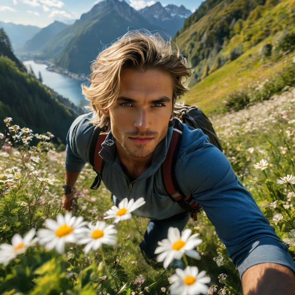 Behold a fashion editorial photo shoot featuring a photogenic and charming bleached blonde hair, 23 years old male supermodel, skinny and slender body, pretty cute young face, wearing fit legging pants and hiking backpack, (semi hard bulge), at hiking trail, outdoors, full of wild flower, the Switzerland mountain background, stand bending over the camera perspective, interesting dynamic view from below, amazing composition, HDR, volumetric lighting, ultra quality, elegant, highly detailed, masterpiece, best quality, high resolution, portrait, male focus, solo focus, The photograph is taken with a Canon EOS R camera using an 85mm f/1.8 lens at an f/2.2 aperture, utilizing natural light. Employing three-point lighting and incorporating 3D animation shadows enhances his features and adds depth to the composition. The careful layering and arrangement of his body parts and surrounding objects ensure a flawless composition. This masterpiece celebrates the beauty of the male form and invites viewers to immerse themselves in a world of sophistication and charm. The seductive lighting and intricate details, combined with a dramatic composition, invite viewers to revel in the essence of a fun-filled day, brimming with joy and relaxation. Attention is meticulously paid to the layers and arrangement of his body parts and surrounding objects, ensuring correct body structure and photo distance. The romantic atmosphere, paired with a lively and extremely gorgeous background, enhances the overall allure of this exquisite image.