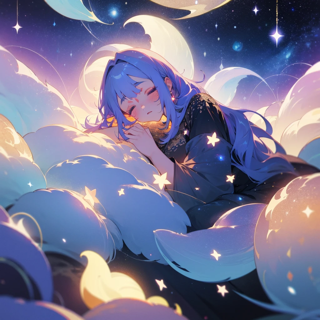 A girl dreaming while sleeping in a beautiful garden, with stars and galaxies surrounding her. (best quality, highres, ultra-detailed), dreamy atmosphere, glowing flowers, surreal colors, soft lighting, ethereal beauty, twinkling stars, mystical ambiance, delicate brush strokes, impressionistic style, magical scenery, peaceful and serene.
