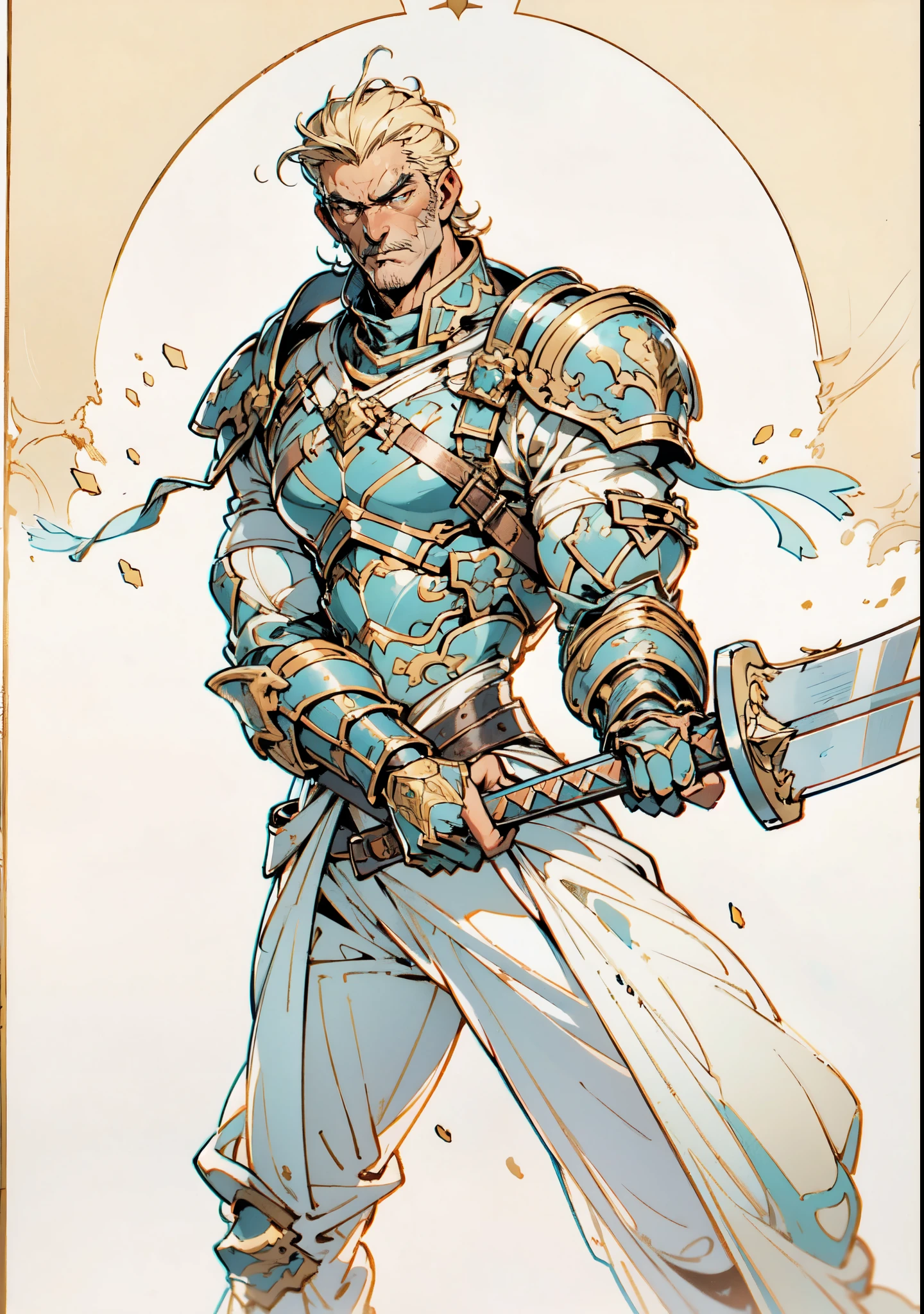 (masterpiece:1.2, best quality, extremely delicate, perspective, foreshortening, dynamic angle), a middle-aged man with slicked-back golden hair, a dignified face, deep eyes, a mustache on his upper lip, a focused expression, tall and muscular, covered in scars, fantasy-reality style warrior leather armor, ribbons tied around his arms, black iron bracers, dark cargo pants, holds a long-handled greatsword with both hands, standing guard in front of a fortress gate, this character embodies a finely crafted fantasy-realist style warrior in anime style, exquisite and mature manga art style, dramatic, high definition, highres, ultra-detailed, ultra-fine painting, professional, perfect body proportions, golden ratio, anatomically correct, symmetrical face, extremely detailed eyes and face, high quality eyes, creativity, RAW photo, UHD, 32k, Natural light, cinematic lighting, masterpiece-anatomy-perfect