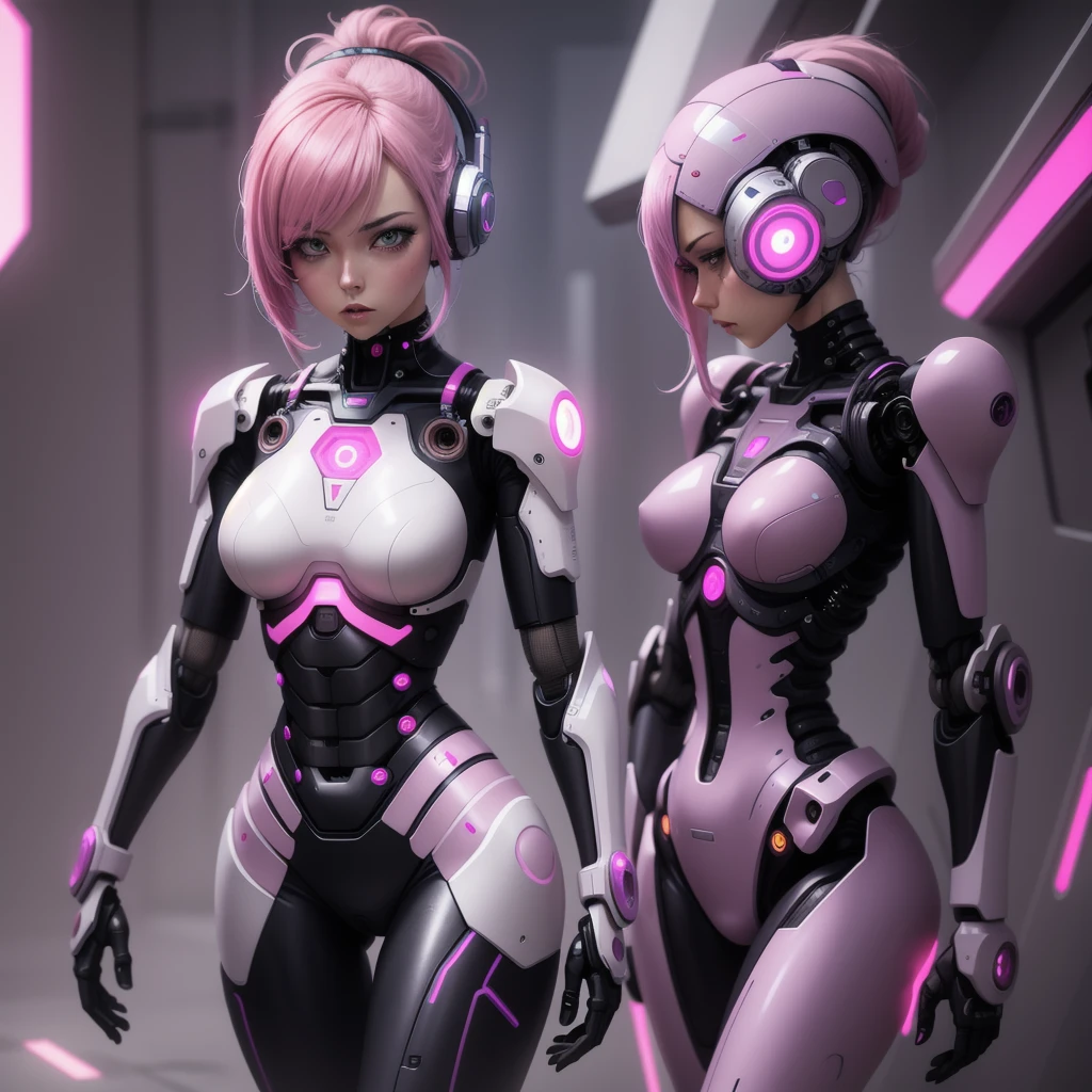 Robot Girl Android Sad Woman Beautiful sexy girl Cyborg Sadness Anime Style Background pink purple Cyberpunk Space city pink hair Lower human body