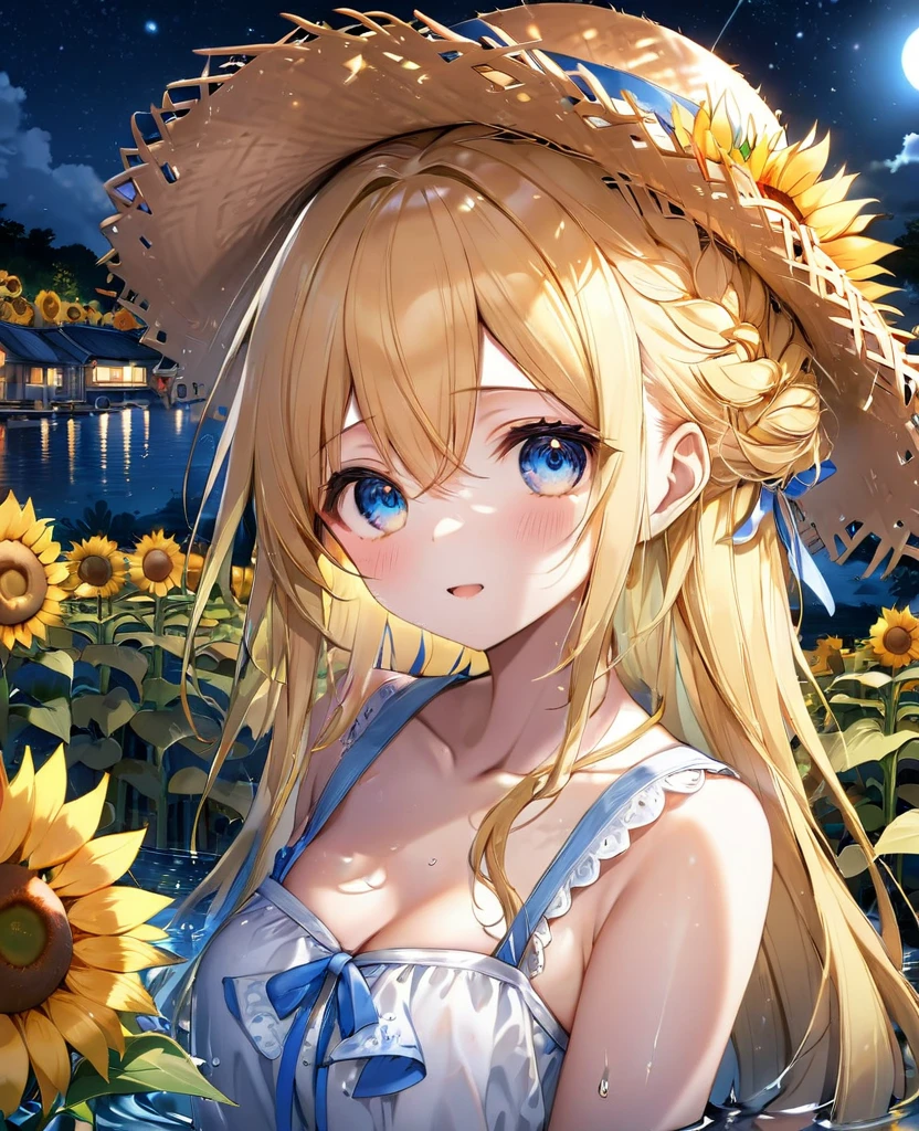 (masterpiece, best quality:1.2), (absurdres, highres, ultra-detailed), (perfect anatomy),
Cute Girls、Straw hat、Lots of sunflowers、Blonde、Blue inner color、Fluffy longhair、Pupil water、Sparkling、night
(8K, RAW photo:1.2),detailed face and eyes,intricate detail ,masterpiece ,sharp focus, high quality,BREAK,rating: general, newest